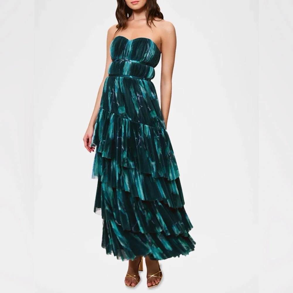 NWT! Hutch Lanza Teal Strapless Pleated Tulle Gown Size 6 - Picture 3 of 15